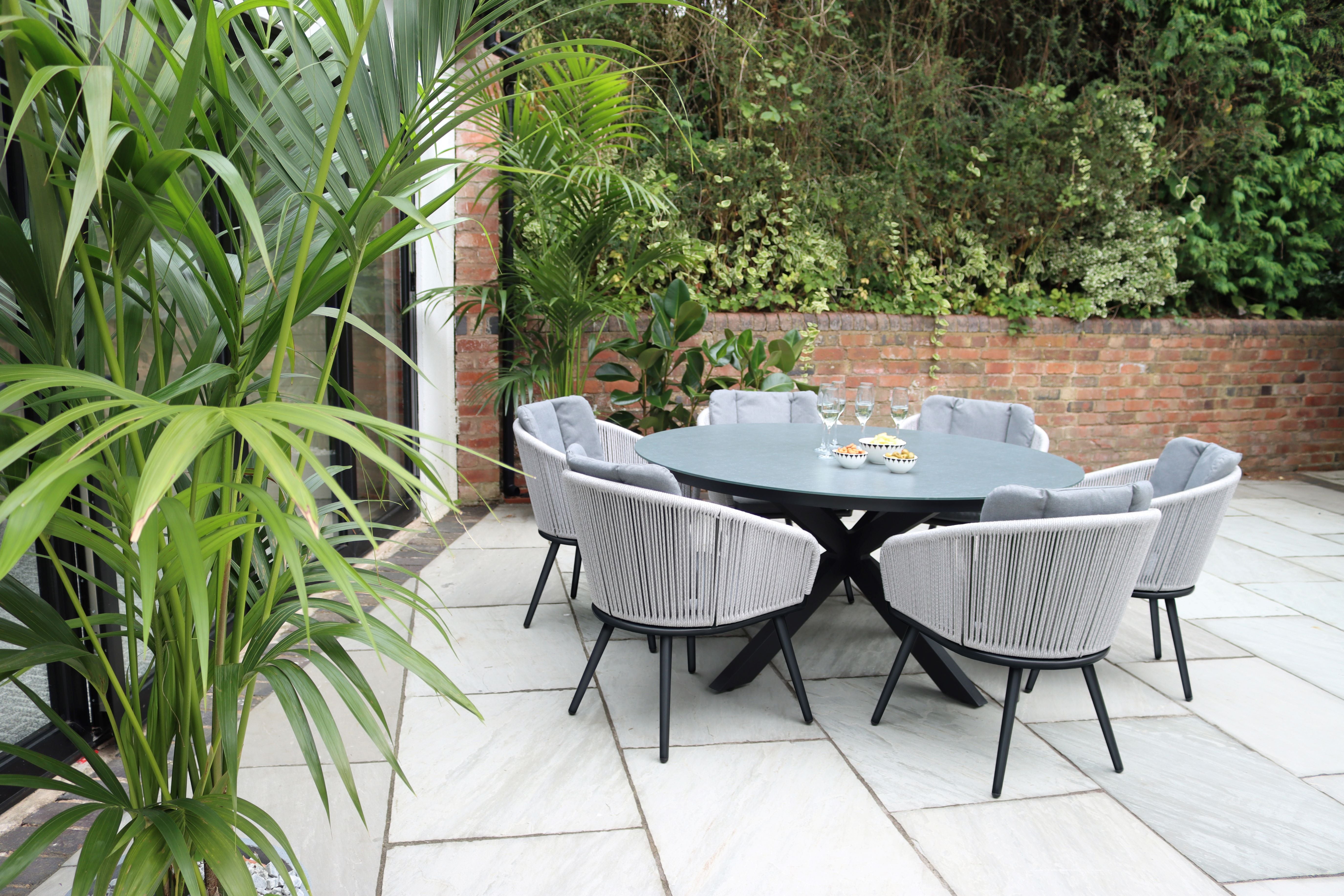 Aspen 6 Seater Round Ceramic Glass Dining Set with Aspen Rope Chairs