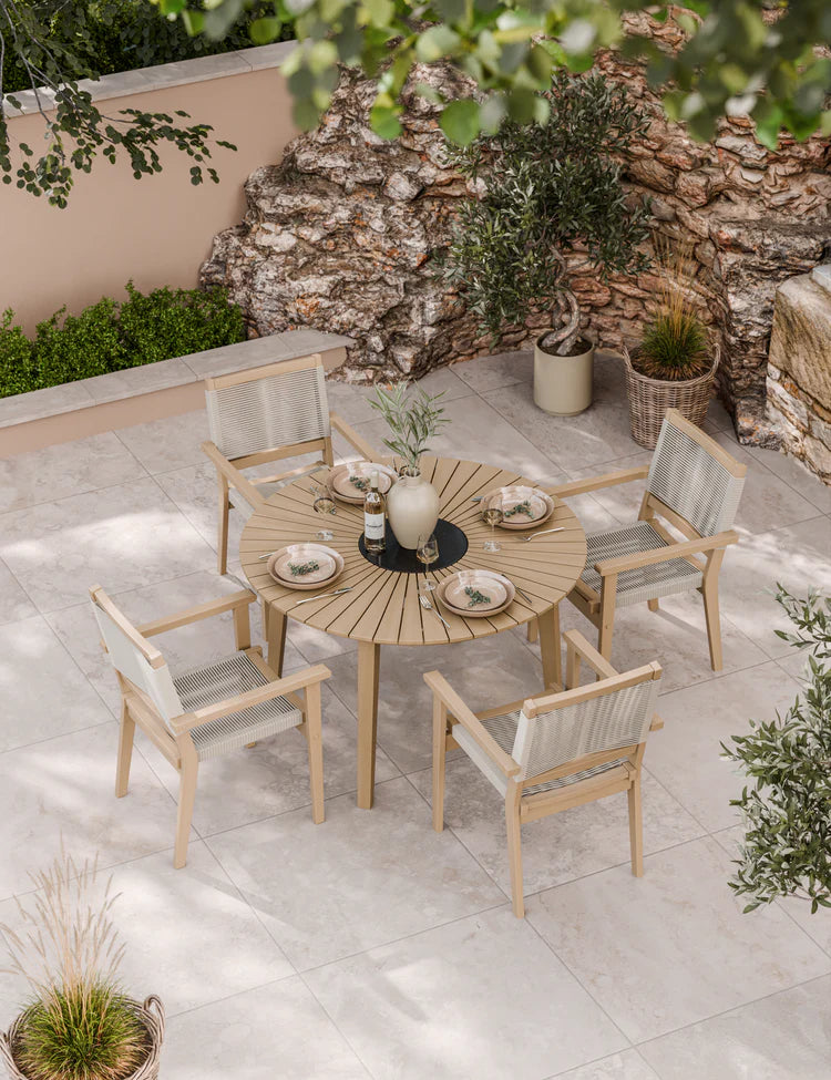 Roma 4 Seater Round Sunray with Black Granite Dining Set with Roma Rope Stacking Chairs