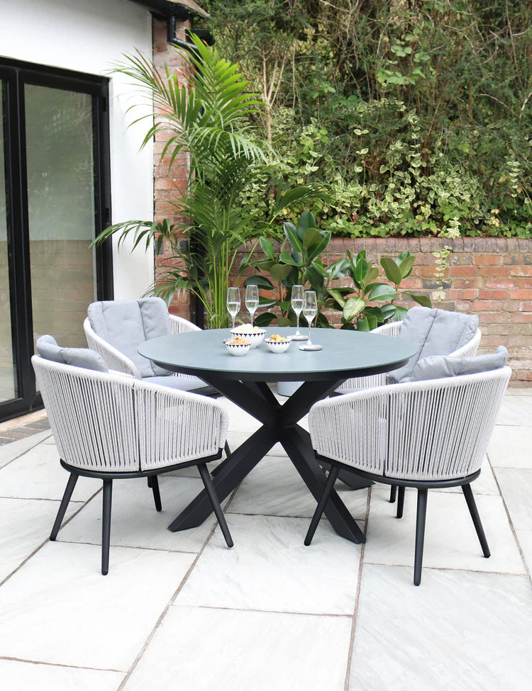 Aspen 4 Seater Round Ceramic Glass Dining Set with Aspen Rope Chairs