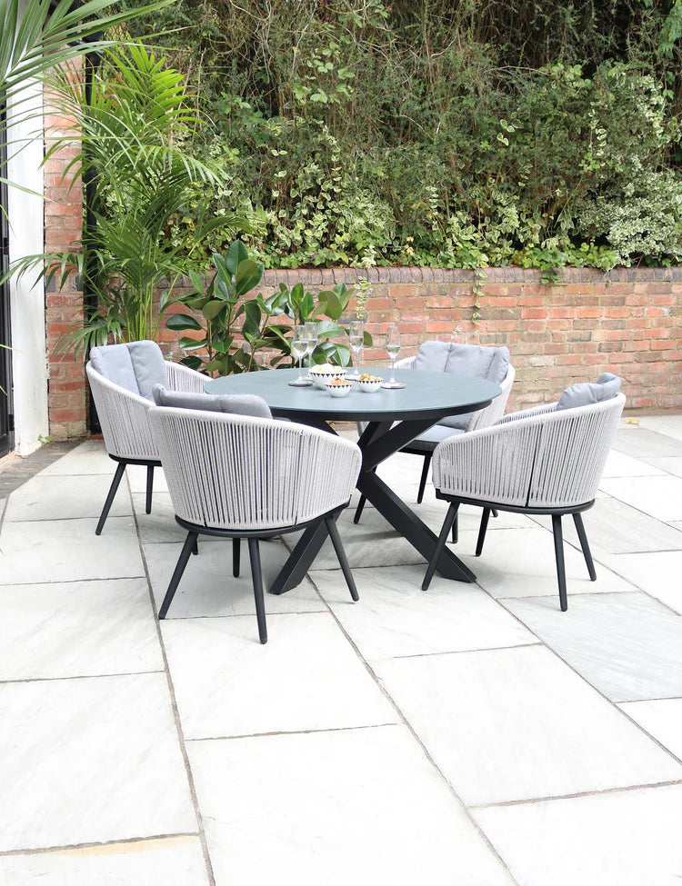 Aspen 4 Seater Round Ceramic Glass Dining Set with Aspen Rope Chairs