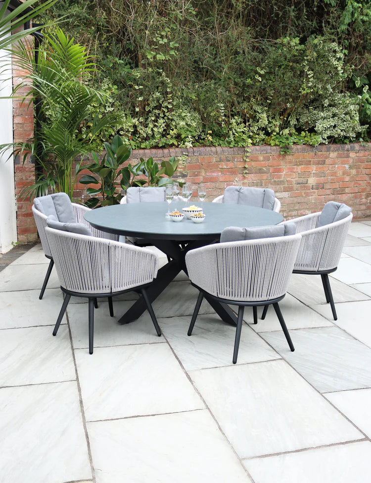 Aspen 6 Seater Round Ceramic Glass Dining Set with Aspen Rope Chairs