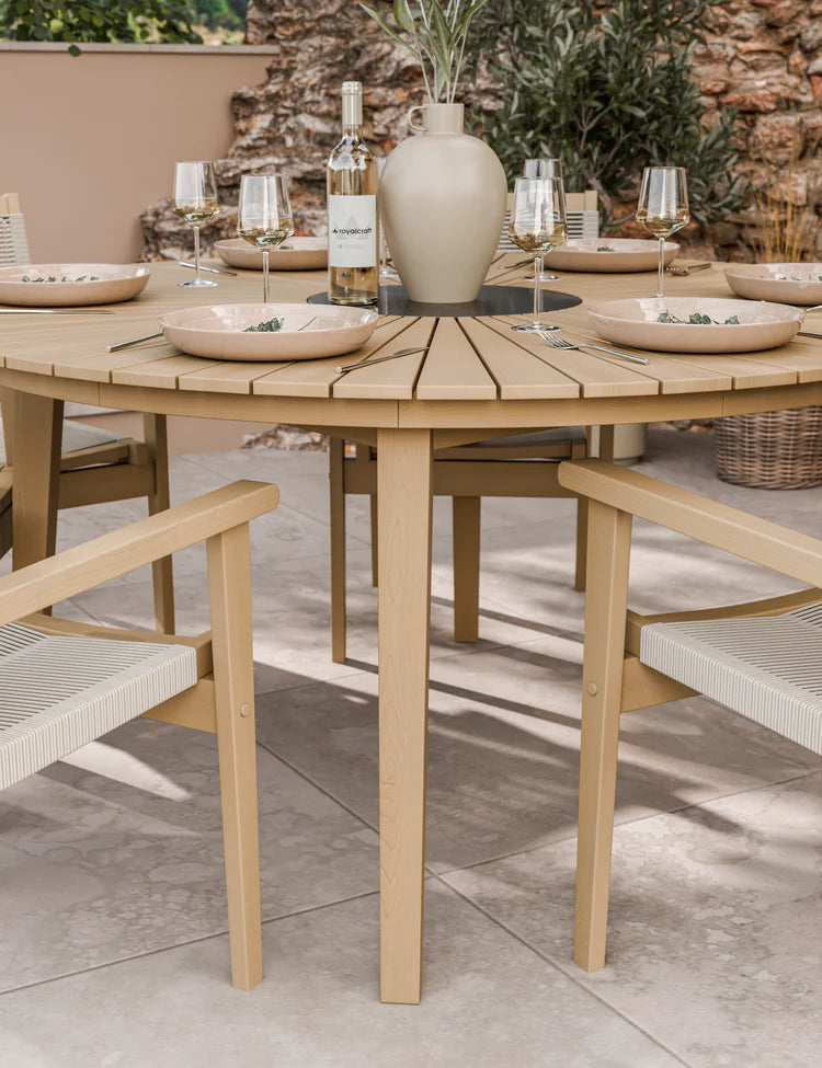 Roma 6 Seater Round Sunray with Black Granite Insert Dining Set with Roma Rope Stacking Chairs